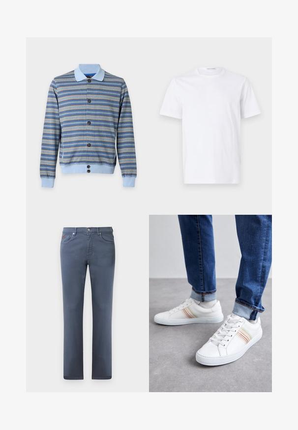 Langærmet cardigan med knapper med blå, brun og grå ternet mønster, lyseblå krave, manchetter og taljebånd på en hvid baggrund.; Hvid bomulds t-shirt med rund halsudskæring og korte ærmer. Glat tekstur, lige snit og minimalistisk design uden mønstre eller accenter.; Grå denimjeans med lige pasform, fem lommer og metalknaplukning. Har diskret syning og et lille logodesign.; Hvide lædersneakers med multicolore striber, snørebåndsdesign, gummisål og polstret krave, parret med blå denimjeans.