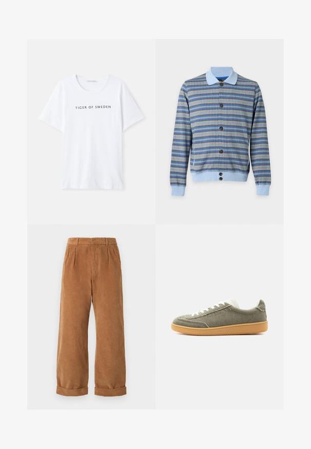 Langarmige cardigan met knopen met blauw, bruin en grijs ruitpatroon, lichtblauwe kraag, manchetten en tailleband op een witte achtergrond.; Witte T-shirt met een ronde hals en korte mouwen. Zwart tekst met "TIGER OF SWEDEN" gecentreerd op de voorkant. Soepele stofstructuur.; Bruine corduroy broek met een wijd model, voorzien van voorplooien en opgerolde zomen. De stof heeft een gestructureerd, geribbeld uiterlijk.; Lage casual sneaker met olijfgroene stoffen bovenkant, witte veters, gevoerde kraag en zool van kauwgomrubber, getoond op een effen achtergrond.