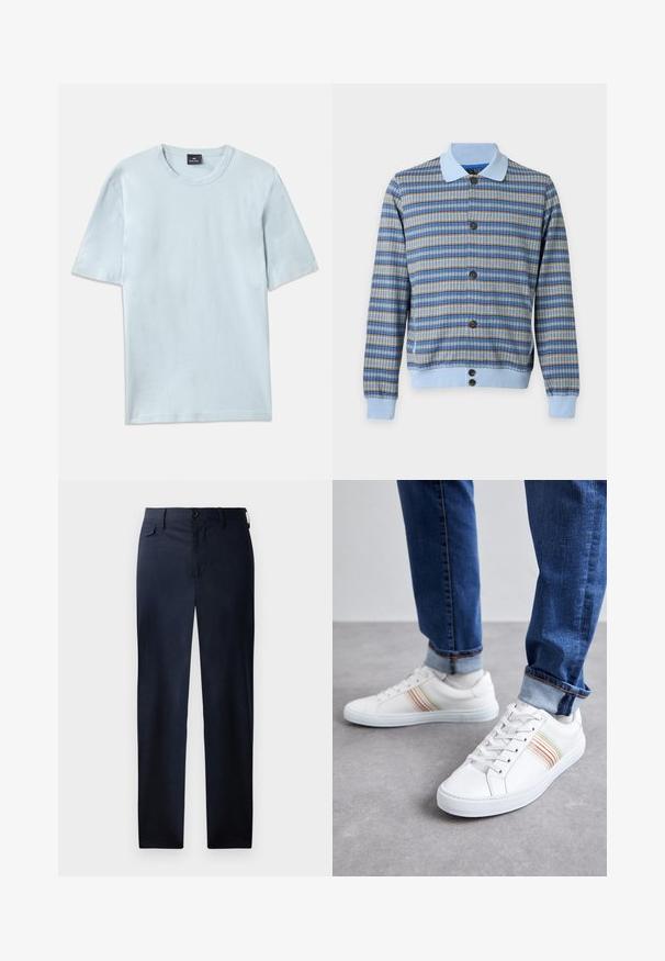 Langärmelige Knopf-Cardigan mit blauem, braunem und grauem Karomuster, hellblauem Kragen, Bündchen und Bund auf weißem Hintergrund.; Himmelblaues Baumwoll-T-Shirt mit einem Rundhalsausschnitt und kurzen Ärmeln. Der Stoff hat eine glatte Textur und ein legeres Schnittdesign.; Marineblau, gerade geschnittene Hose aus glattem Stoff. Mit Reißverschluss, Knopfverschluss und einer dezenten Seitentasche. Keine sichtbaren Muster.; Weiße Leder-Sneaker mit mehrfarbigen Streifen, Schnürdesign, Gummisohle und gepolstertem Kragen, kombiniert mit blauen Jeans.