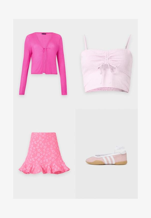 Žebrovaný, skrátený kardigán v jasne ružovej farbe s dlhými rukávmi a výstrihom do V, s detailom predného viazania pre zapínanie.; Svetloružový crop top s nastaviteľnými ramienkami, s prehnutým predným detailom a elastickým lemom. Textúrovaná látka pridáva mäkkosť.; Ružová rozšírená sukňa s embosovanými kvetinovými vzormi, volánkovým lemom a hladkým povrchom. Dĺžka nad kolená s priliehavým pásom.; adidas Originals TAEKWONDO MEI BALLET - Tenisky - clear pink/ftwr white/gum