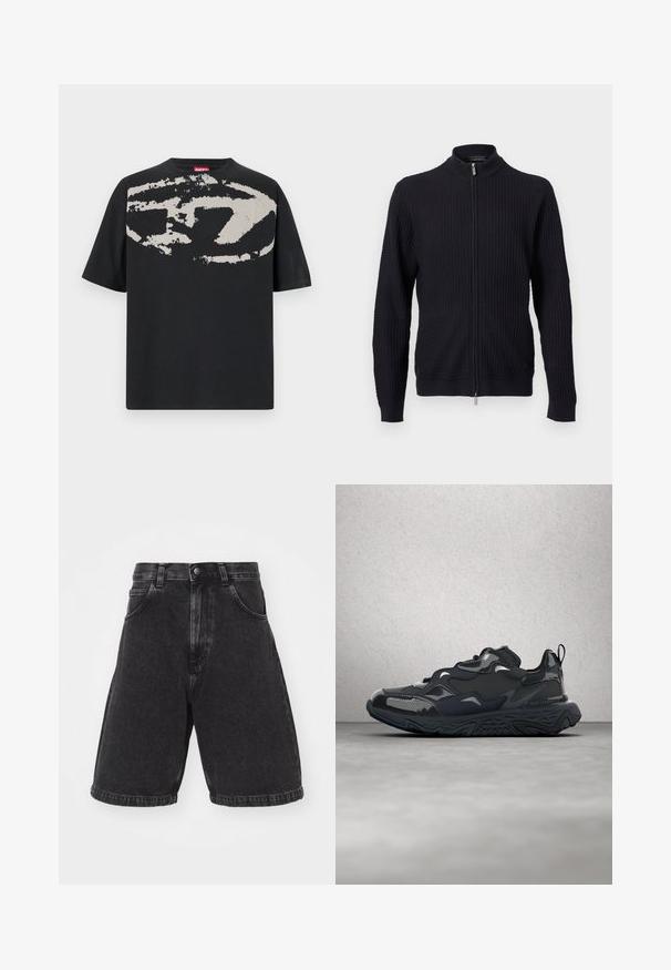 Schwarzer, strukturiert gestrickter Pullover mit durchgehendem Frontreißverschluss und geripptem Stehkragen, Bündchen und Saum, auf neutralem Hintergrund präsentiert.; Schwarzes T-Shirt mit einem großen, abstrakten hellgrauen Grafik auf der Vorderseite. Mit kurzen Ärmeln und einem klassischen, runden Halsausschnitt. Aus Baumwolle.; Schwarze Denim-Shorts mit einem hoch taillierten Design, lockerer Passform und umgeschlagenem Saum. Verfügt über Fronttaschen und einen klassischen Knopfverschluss.; Schwarzer Laufschuh mit strukturiertem Obermaterial, glatten Akzenten und einer klobigen Sohle mit wellenförmigem Profil, entworfen für Komfort und Langlebigkeit.