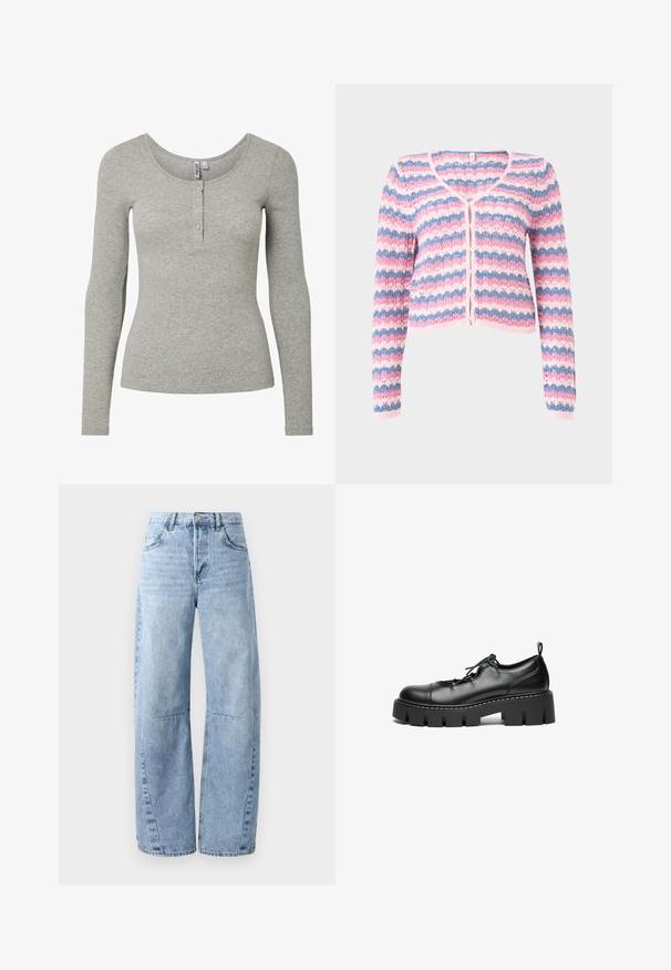 Langærmet strikket cardigan med lyserøde, blå og hvide striber, knapper foran og et bølget blondermønster.; Lysegrå ribbet langærmet top med rund halsudskæring og fire-knaps lukning, tætsiddende silhuet og blødt strikket stof.; Lysblå brede jeans lavet af denim, med høj talje, fem lommer og diskret slid. Benene har synlige syninger og sømme.; Sorte læder snørebåndssko med rund tå, kraftig platåsål og dekorativ syning langs kanten.