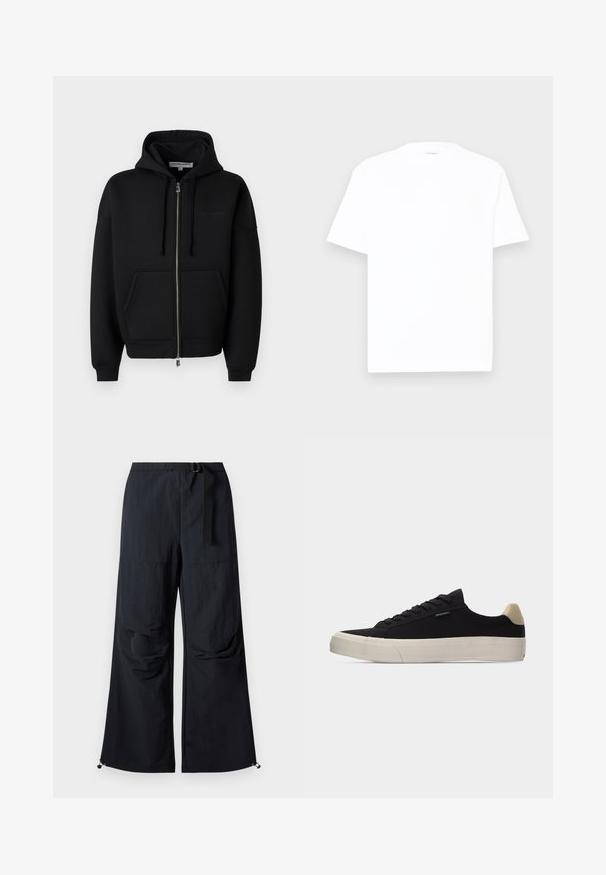 Les Benjamins ZIP HOODIES - Sweatjacke - black; Weißes Baumwoll-T-Shirt mit Rundhalsausschnitt, kurzen Ärmeln und lässiger Passform. Glatte Textur, minimale Details und ohne Muster oder Grafiken.; Schwarze, weit geschnittene Hose aus leichtem Stoff. Verfügt über einen Gürtel, zwei große Seitentaschen und verstellbare Säume mit Kordelzug.; Schwarzer Low-Top-Sneaker mit beigem Fersenlasche, weißer dicker Gummisohle, schwarzen Schnürsenkeln und kleinem "PS Paul Smith"-Label an der Seite.