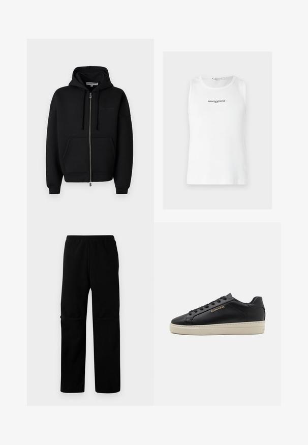 Les Benjamins ZIP HOODIES - Mikina so zipsom - black; Biely rebrovaný tielkový top bez rukávov s čiernym nápisom "MAISON KITSUNÉ PARIS" umiestneným v strede na hrudi.; Čierne flísové nohavice s elastickým pásom a rovnými nohavicami. Hladká textúra bez viditeľných vzorov alebo hardvéru.; Čierne kožené tenisky s hladkým povrchom, kontrastnou krémovou podrážkou, zaoblenou špičkou, zlatým logom na boku a šiestimi dierkami na šnúrky.