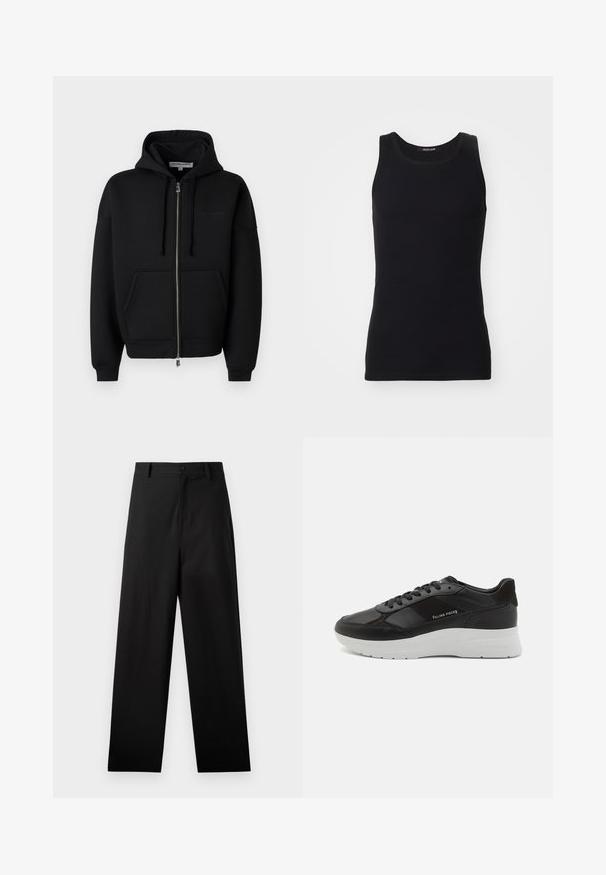 Les Benjamins ZIP HOODIES - Sweatjakke - black; Sort tanktop lavet af et glat, strækbart materiale. Har en rund halsudskæring og ingen ærmer, med en tætsiddende pasform og enkelt design.; Sorte bukser lavet af bomuld med lige ben-design, der har en frontknaplukning og sidelommer. Glat tekstur, ingen mønstre.; Sort læder sneaker med ruskindsdetaljer, rund tå, hvid gummisål og syet udsmykning. Logo trykt på siden. Klassisk snørebåndsdesign.
