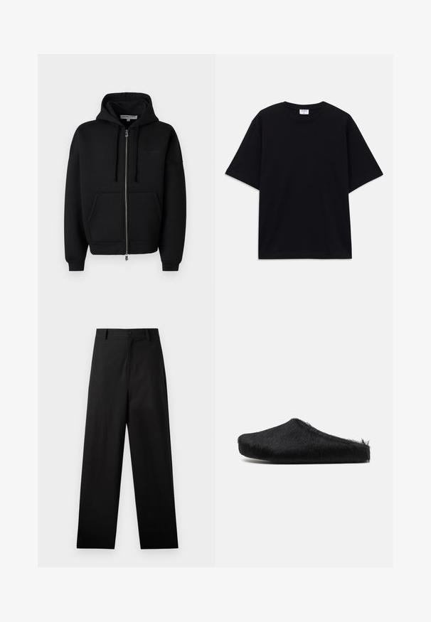 Les Benjamins ZIP HOODIES - Lukuga pusa - black; Must t-särk, lühikeste varrukatega, üle mõõdu, ümmarguse kaelusega ja nähtava Filippa K brändi sildiga kaelas.; Mustriga mustad puuvillased püksid sirge jala disainiga, ees nupuga kinnitamine ja küljetaskud. Sile tekstuur, mustriteta.; Marni Tagant lahtised kingad - black