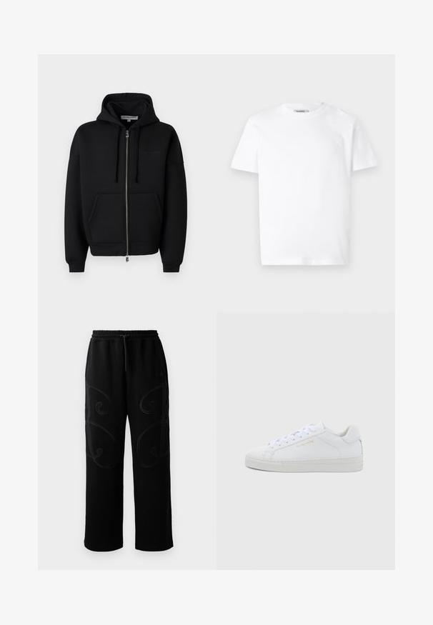 Les Benjamins ZIP HOODIES - Mikina so zipsom - black; Biely bavlnený tričko s okrúhlym výstrihom a krátkymi rukávmi. Obsahuje malé reliéfne logo na ľavej hrudi. Hladká textúra.; Čierne tepláky s voľným strihom, s komplikovanými krúživými stehovými vzormi pozdĺž strán a elastickým pásom so šnúrkou.; Biele kožené nízke tenisky s okrúhlou špičkou, plochými tkaničkami, štruktúrovanou podrážkou a jemným zlatým logom na boku. Hladký povrch a minimalistický dizajn.