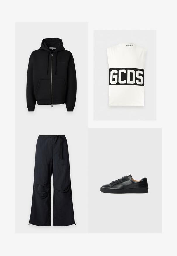 Les Benjamins ZIP HOODIES - Sudadera con cremallera - black; Top blanco sin mangas con una amplia banda negra en el pecho que presenta letras blancas llamativas "GCDS".; Pantalones negros de pierna ancha hechos de tela ligera. Cuentan con un cinturón, dos grandes bolsillos laterales y dobladillos ajustables con cierres de cordón.; Zapatilla negra de cuero con una textura suave, puntera redonda y cierre de cordones. Presenta una suela de goma gruesa y un detalle de marca mínimo.