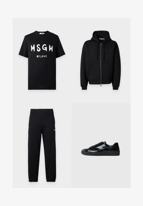 Les Benjamins ZIP HOODIES - Sweat zippé - black; T-shirt en coton noir avec un texte blanc audacieux "MSGM MILANO". Manches courtes et col rond. Texture lisse avec une coupe décontractée.; Pantalon de survêtement noir avec taille et poignets élastiques, arborant un petit logo blanc sur la partie supérieure de la cuisse gauche.; Baskets en cuir verni noir avec un bout arrondi, un laçage, une semelle en caoutchouc texturé et une finition lisse.
