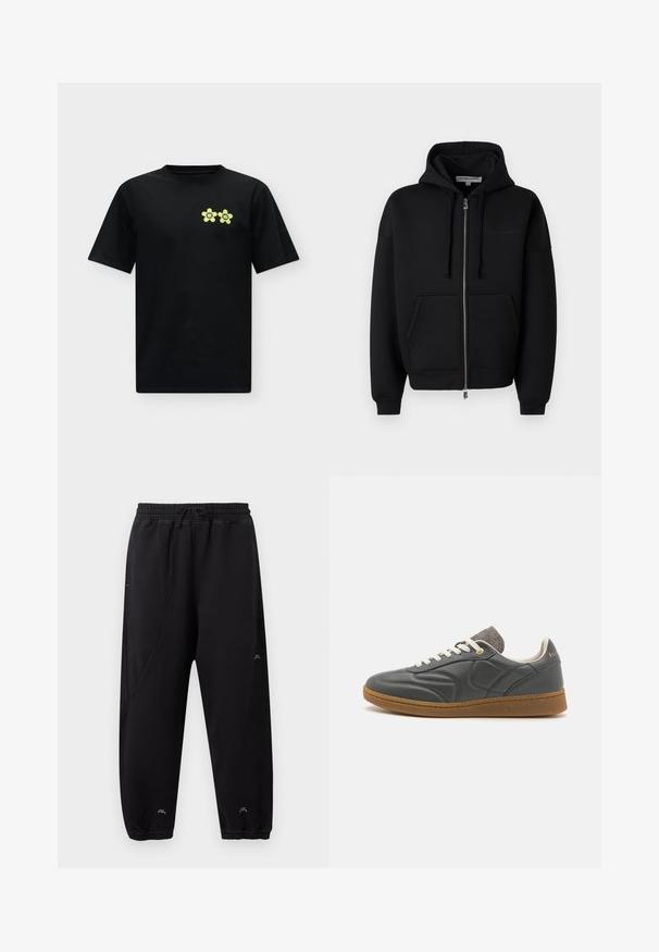 Les Benjamins ZIP HOODIES - Sweat zippé - black; T-shirt noir à manches courtes avec deux motifs de fleurs jaunes sur le côté gauche de la poitrine, chacun contenant une lettre à l'intérieur.; Pantalon de jogging noir avec taille et poignets élastiques, coupe slim, détails de couture discrets et petit logo blanc près des chevilles et de la cuisse.; Baskets en cuir gris foncé avec un bout arrondi, lacets blancs, semelle en caoutchouc beige et légers accents en tissu gris au niveau du col. Détail du logo doré.