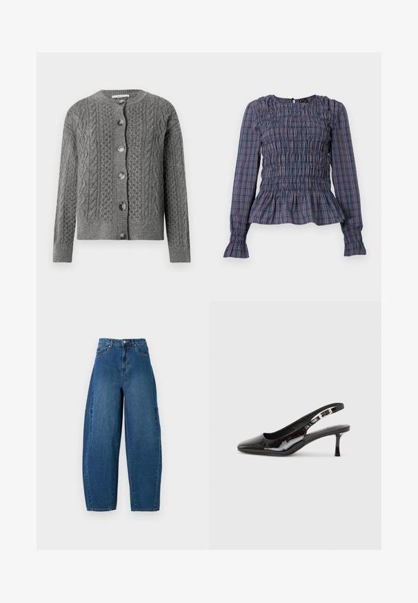 Grau gestrickte Strickjacke mit strukturiertem Zopfmuster, Rundhalsausschnitt und knöpfbarem Verschluss vorne. Mit langen Ärmeln und gerippten Bündchen.; Langärmlige Bluse in blau-rotem Karomuster mit smockerndem Oberteil sowie Rüschensaum und -manschetten, auf einem weißen Hintergrund präsentiert.; Denimjeans in einer mittleren blauen Waschung, mit hoher Taille, weit geschnittenem Bein und dem typischen fünf Taschen Design mit sichtbaren Nahtdetails.; Schwarzer Slingback-Schuh aus Lackleder mit spitzer Zehenpartie, silberner Schnalle und mittelhohem Kitten-Heel auf hellem einfarbigem Hintergrund.