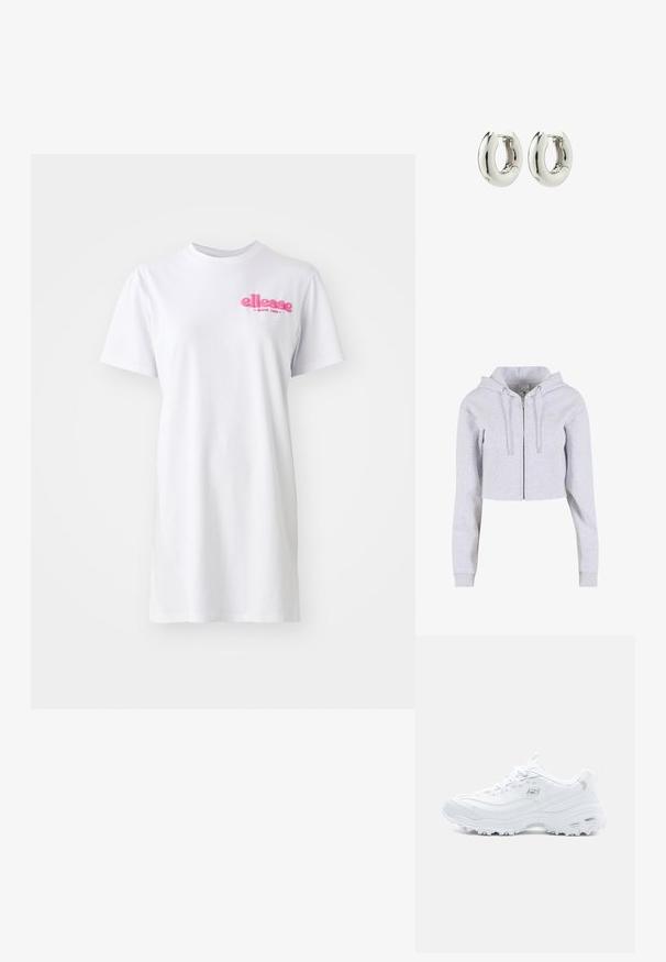 Lys grå cropped hoodie lavet af blødt stof, med lynlås foran, justerbare snore og frontlommer. Enkel logodetalje.; Hvid kortærmet t-shirtkjole lavet af bomuld med rund halsudskæring og et pink "ellesse" logo på venstre brystområde.; Hvide sports sneakers med tekstureret syntetisk overdel, rund tå, snørebåndsdesign, polstret sål og mønstret skridsikker sål.; Sølvøreringe med en glat, afrundet design og en blank finish. Har en enkel hængselåbning for nem påføring.