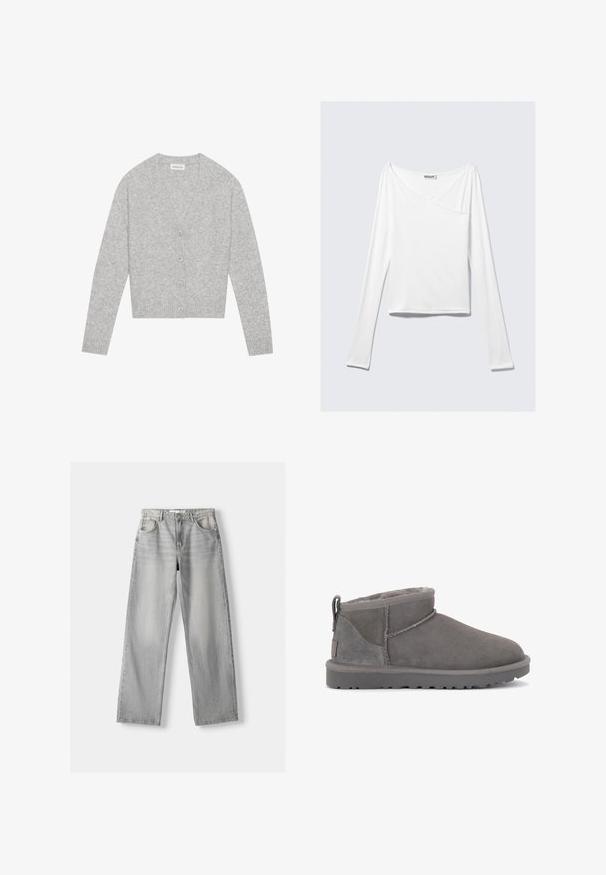 Grijze cardigan van zacht materiaal, met een V-hals, vijf knopen aan de voorkant en geribbelde manchetten en zoom.; Witte long-sleeve top met een crossover ontwerp en een zak. Gemaakt van een gladde, rekbare stof. Geknipt in een casual, relaxte pasvorm.; Lichtgrijze denim jeans met een rechte pasvorm, voorzien van twee voorkruizen, een knoopsluiting en subtiele vervaging voor textuur.; Grijze suède enkelboots met een zachte binnenvoering, minimale stitching en een gegoten rubberen zool. Voorzien van een trekband aan de achterkant.