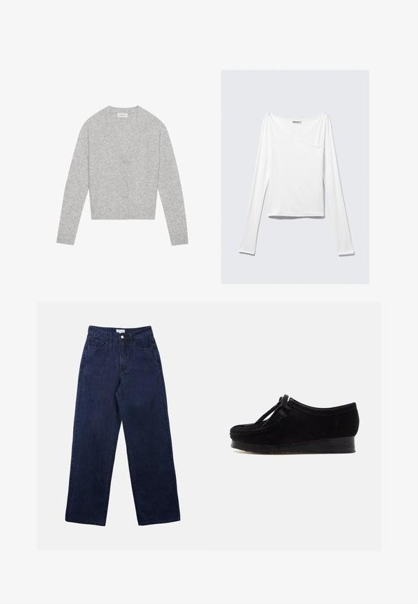 Cárdigan gris hecho de material suave, con escote en V, cinco botones en el frente y puños y dobladillo acanalados.; Top blanco de manga larga con diseño cruzado y un bolsillo. Fabricado en una tela suave y elástica. Con un corte casual y relajado.; Pantalones de mezclilla azul oscuro con un diseño de pierna recta, que cuentan con un cierre frontal de botón, pasadores para cinturón y dos bolsillos frontales.; Zapato de ante negro con puntera redondeada, costura en el borde y detalle de cordones. Presenta una suela de goma tipo cuña baja para mayor comodidad.