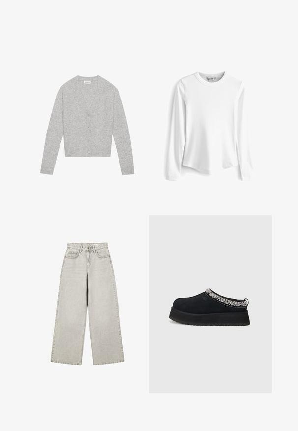 Cardigan gris en matière douce, avec un col en V, cinq boutons sur le devant et des poignets et un ourlet côtelés.; T-shirt à manches longues blanc en côtelé avec un col rond. Doté d'une coupe décontractée et d'une texture lisse, offrant une option polyvalente et respirante.; Jean gris clair à jambes larges avec bouton frontal, passants pour ceinture et poches avant, étalé à plat sur un fond blanc.; Chaussure noire en daim à enfiler avec une semelle plus épaisse, présentant des accents tissés texturés blancs et noirs au col.