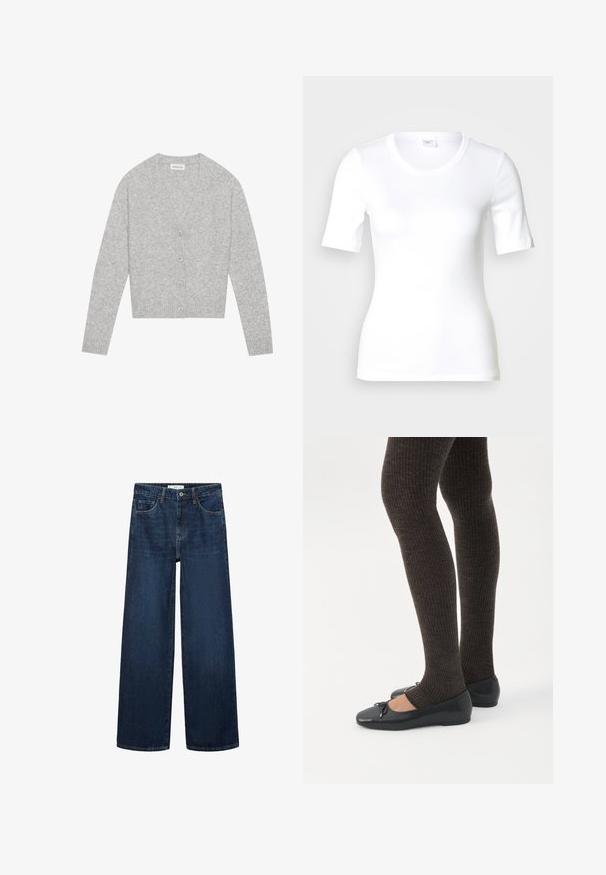 Grijze cardigan van zacht materiaal, met een V-hals, vijf knopen aan de voorkant en geribbelde manchetten en zoom.; Wit T-shirt met korte mouwen van glad katoen, met een ronde halslijn en een aangesloten pasvorm. Klassiek ontwerp, zonder patronen of accenten.; Brede donkerblauwe denim jeans met hoge taille, voorzien van vijf zakken en een klassieke knoopsluiting. Glad textuur en rechte snit.; Benen met donkere geribbelde leggings gecombineerd met zwarte ballerina's met kleine strikdetails op een witte achtergrond.