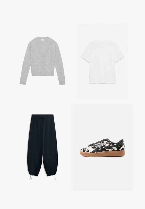Grå cardigan lavet af blødt materiale, med V-hals, fem knapper foran og ribbede manchetter og søm.; Hvid ensfarvet t-shirt med korte ærmer og rund hals, lagt fladt på en hvid baggrund.; Sort sweatpants lavet af blødt stof, med elastisk talje med snørre, tapered ankler og sidelommer.; Lavtop Reebok sneaker med sort og hvid ko-print øverste, sorte accenter og en gummi gummisål mod en ensfarvet hvid baggrund.