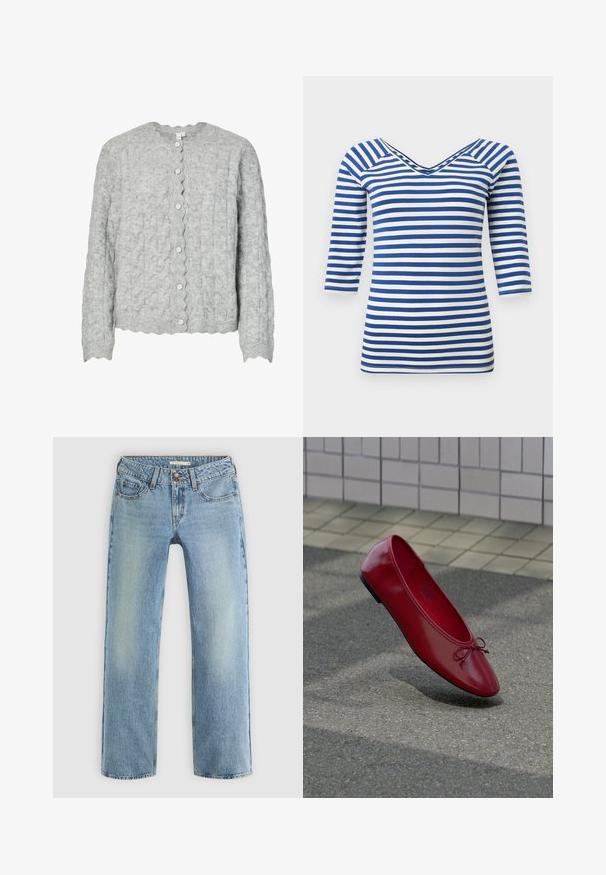 Hellgraue Strickjacke mit strukturiertem Muster, gewelltem Ausschnitt und sechs silbernen Knöpfen vorne. Lange Ärmel.; Blau-weiß gestreiftes Langarmshirt mit V-Ausschnitt und figurbetontem Schnitt.; Hellblaue gerade geschnittene Jeans aus Denim, mit Knopfverschluss, fünf Taschen und subtiler Ausbleichung entlang der Beine.; Roter Ballettflachschuh aus Leder mit einer kleinen Schleife auf strukturiertem Pflaster nahe einer gefliesten Wand, der darunter einen Schatten wirft.
