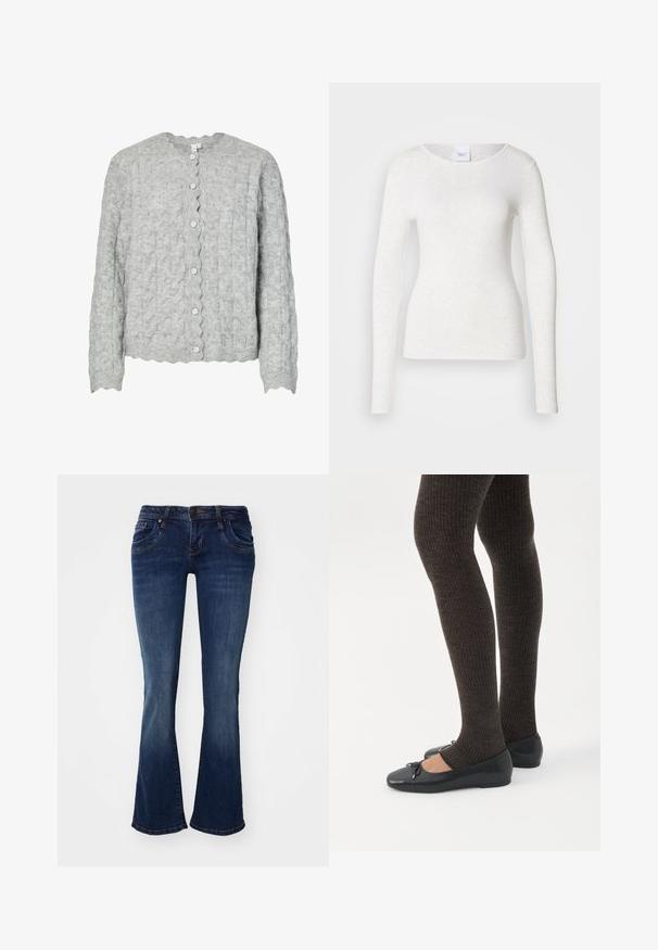 Cardigan gris clair en tricot avec un motif texturé, un col festonné et six boutons argentés sur le devant. Manches longues.; T-shirt blanc à manches longues en tissu doux et léger avec un col rond et une coupe ajustée, présentant une texture subtile.; Jean flare en denim bleu foncé avec une taille mi-haute, cinq poches et des détails de couture subtils aux coutures et aux bords des poches.; Jambes portant des leggings côtelés foncés associés à des ballerines noires avec de petits détails en nœud sur fond blanc.