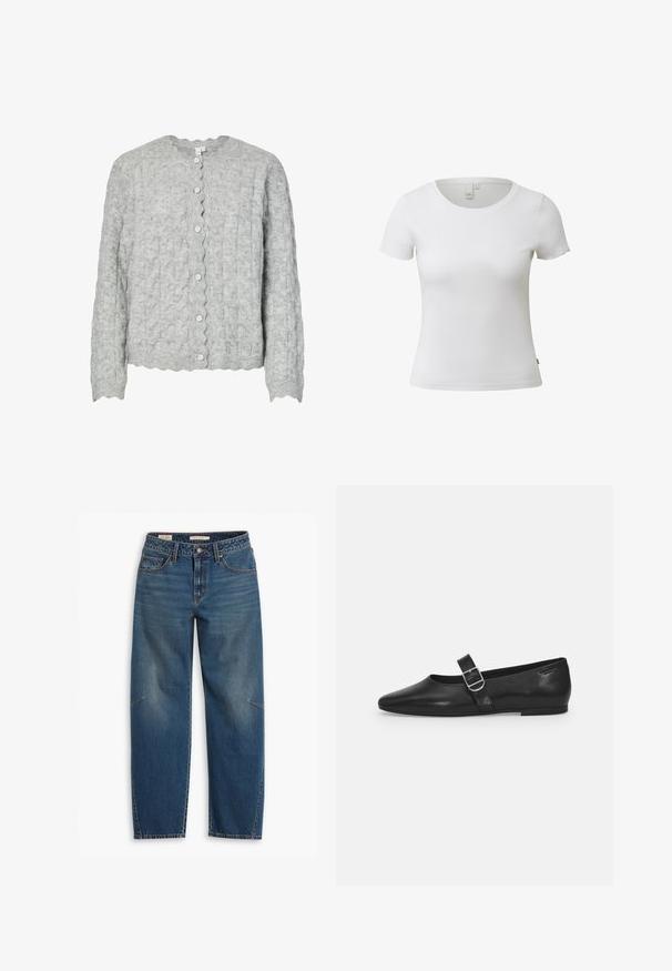 Hellgraue Strickjacke mit strukturiertem Muster, gewelltem Ausschnitt und sechs silbernen Knöpfen vorne. Lange Ärmel.; QS T-Shirt basic - weiß; Blaue Denim-Jeans mit einer lockeren Passform, hoher Taille, geraden Beinen, sichtbaren Nähten und einem kleinen Akzent am linken Knie.; Schwarzer Lederflatschuh mit runder Zehenform, einem verstellbaren Schnallenriemen und einer glatten, glänzenden Oberfläche. Minimalistisches Design mit einem niedrigen Absatz.