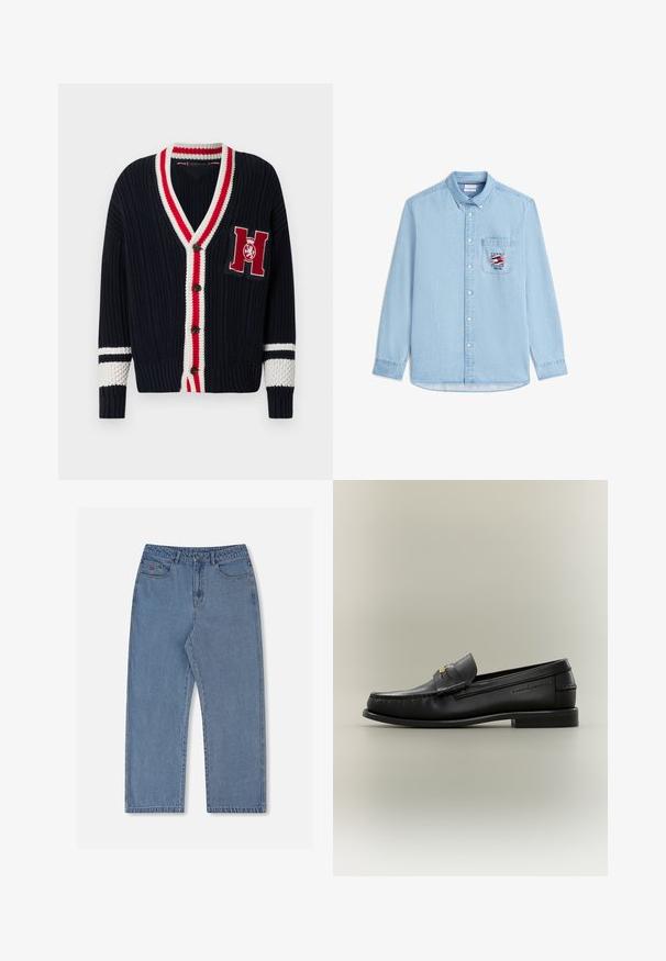 Gilet en maille bleu marine avec un col en V, un bordure rayée rouge et blanche, une fermeture à boutons et une lettre "H" brodée sur la poitrine.; Chemise en jean bleu clair à manches longues, col boutonné et poche avant avec le logo Tommy Hilfiger et un motif drapeau.; Jean en denim bleu clair à coupe ample, jambes droites, cinq poches et fermeture à bouton. Présente un logo rouge discret sur la poche avant.; Mocassin noir en cuir à enfiler avec petit talon, boucle dorée et nom de marque embossé sur le côté sur fond neutre.