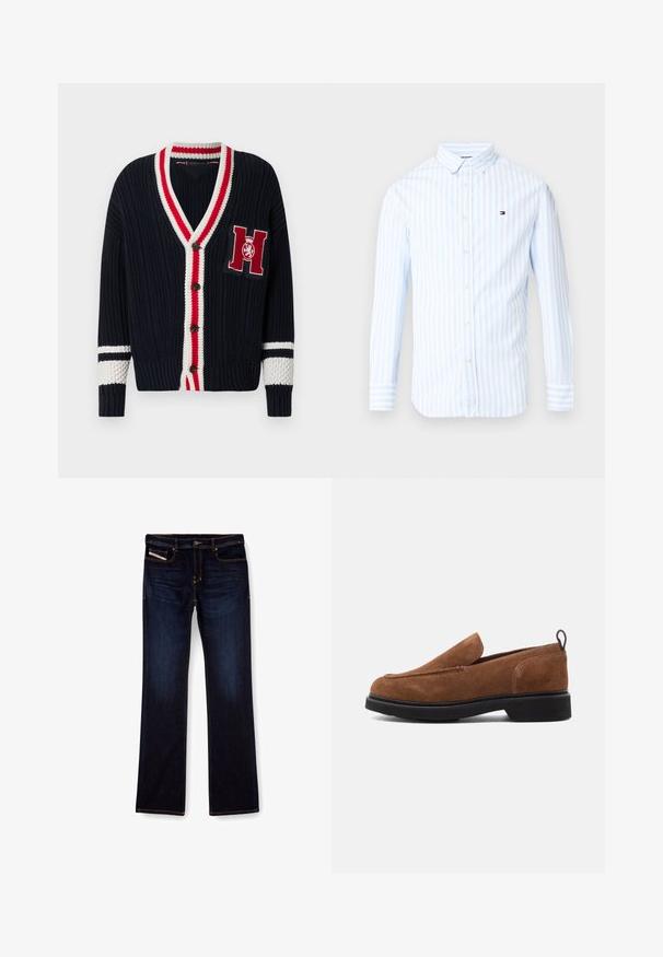 Gilet en maille bleu marine avec un col en V, un bordure rayée rouge et blanche, une fermeture à boutons et une lettre "H" brodée sur la poitrine.; Chemise homme à manches longues avec boutons, rayures verticales bleu clair et blanc et petit logo rouge, blanc et bleu sur la poitrine.; Jean en denim bleu foncé avec une coupe droite, présentant des coutures orange, une fermeture éclair et des poches avant. Texture lisse et taille standard.; Chaussures slip-on en daim marron, à bout rond, avec une semelle en caoutchouc noire et un petit talon. Équipées d'une couture décorative sur le dessus.