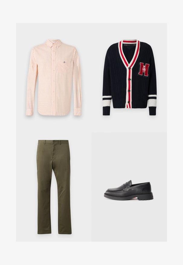 Marineblauwe gebreide cardigan met een V-hals, rood-wit gestreepte rand, knoopsluiting en een geborduurde letter "H" op de borst.; Lichtoranje en witte geruite stoffen shirt met lange mouwen, button-down kraag en borstzak. Bevat een subtiele logo op de zak.; Olijfgroene broek gemaakt van katoen, met een rechte snit, zijzakken, een knoopsluiting en een gladde textuur.; Zwarte leren instappers met een ronde neus, een verhoogde naad en een dikke rubbere zool. Eenvoudig ontwerp met minimale branding aan de zijkant.