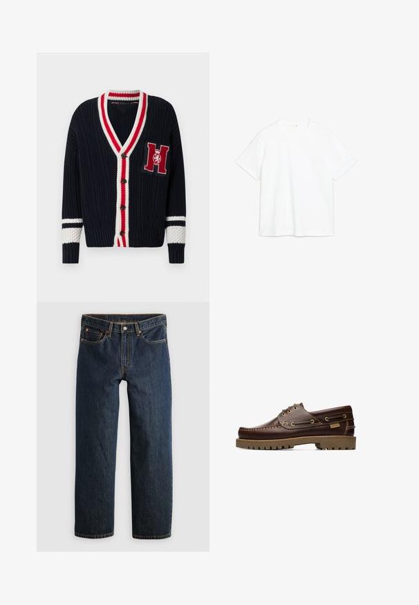Marineblå strikket cardigan med V-hals, rød og hvid stribet kant, knaplukning og et broderet bogstav "H" på brystet.; Hvid bomulds T-shirt med korte ærmer, rund hals og lige snit. Glat tekstur, ingen synlige mønstre eller detaljer. Enkel og minimalistisk design.; Mørkeblå denimjeans med en lige ben-snit. Har fem lommer, kontrastsyning og knaplukning i taljen.; Brune læder snørelæderbådssko med syede detaljer og tyk gummisål, set fra siden.