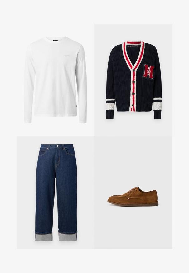 Cárdigan de punto azul marino con cuello en V, ribete a rayas rojo y blanco, cierre de botones y una letra "H" bordada en el pecho.; Camiseta blanca de manga larga hecha de algodón, con cuello redondo, textura suave y un sutil logo en el pecho. Diseño simple y clásico.; Pantalones vaqueros de pierna ancha en azul oscuro con dobladillos enrollados, botón delantero y costuras de contraste sobre un fondo blanco liso.; Zapato de ante marrón con punta redondeada, costuras decorativas y seis ojales para cordones en contraste. Suela plana y diseño minimalista.