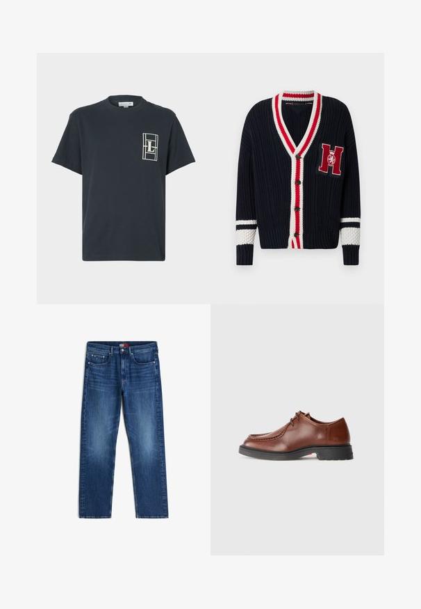 Gilet en maille bleu marine avec un col en V, un bordure rayée rouge et blanche, une fermeture à boutons et une lettre "H" brodée sur la poitrine.; T-shirt bleu marine à manches courtes et col rond avec un logo rectangulaire blanc comprenant la lettre "L" sur le côté gauche de la poitrine.; Jean en denim bleu avec cinq poches, légère décoloration au niveau des cuisses et fermeture à bouton et zip à la taille.; Chaussure habillée en cuir marron avec un bout arrondi, des coutures contrastées, un design à lacets et une semelle en caoutchouc noir texturé.