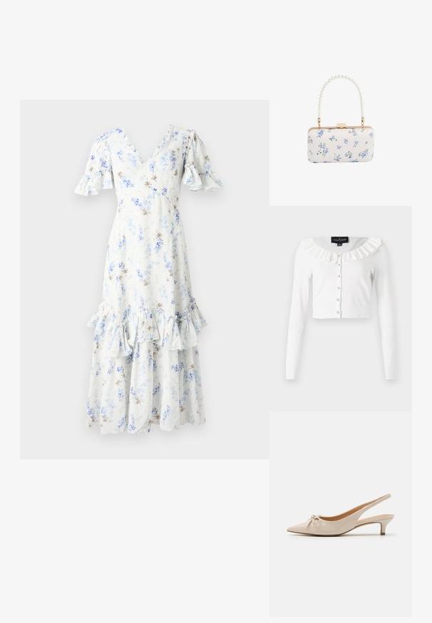 Cárdigan corto blanco hecho de una tela suave, con mangas largas, un escote con volantes y una fila de botones decorativos.; Vestido midi floral en azul claro y blanco con mangas abullonadas, escote en V y dobladillo con volantes, que presenta acentos y patrones en marrón oscuro dispersos.; Tacones slingback de charol beige con puntera afilada y un lazo decorativo en el empeine. Incluyen un tacón bajo y estilizado con una textura suave.; Clutch rectangular blanca con patrón floral azul y asa con cuentas de perlas, herrajes en tono dorado y cierre con broche.