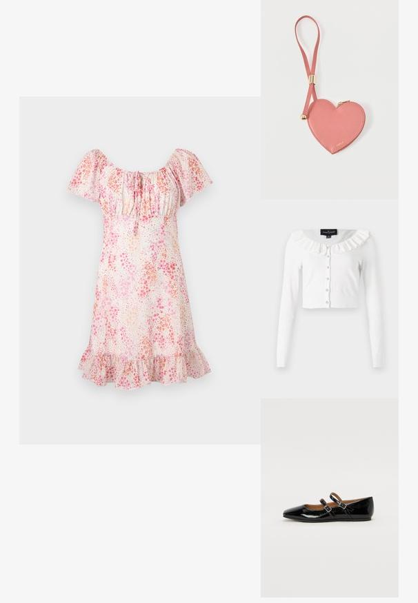 Cardigan blanc court en tissu doux, avec des manches longues, un col volanté et une rangée de boutons décoratifs.; Robe courte à fleurs avec manches bouffantes, encolure froncée et ourlet volanté dans des tons de rose et de pêche sur fond blanc.; Ballerine plate en cuir verni noir avec un bout pointu, deux brides ajustables avec boucles, et une semelle plate. Texture lisse avec une finition brillante.; Pochette à pièces en cuir rose en forme de cœur avec sangle de poignet et fermeture éclair dorée, marquée d’un petit texte doré "Furla".
