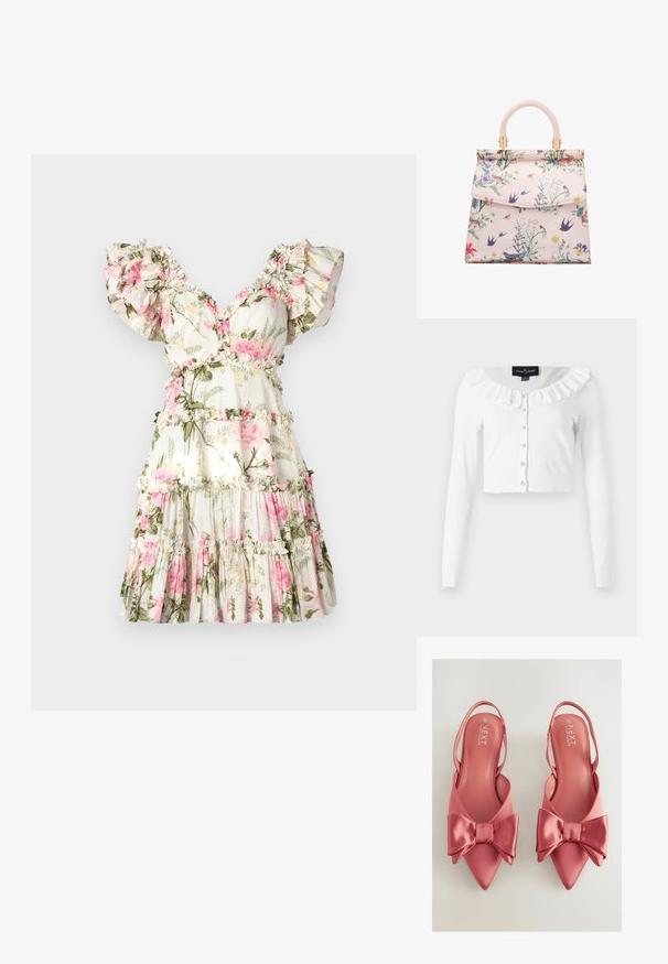 Hvid cropped cardigan lavet af blødt stof, med lange ærmer, en flæset halsudskæring og en række dekorative knapper.; Blomstret kjole med hvid baggrund, der har pink roser og grønne blade. Volangærmer, V-hals og lagdelt nederdel med bølgede detaljer.; Lyserøde satin slingback-sko med spids tå og stort bånddetalje foran. Glat tekstur og åbent hældesign.; Blomsterprint håndtaske med en blød lyserød syntetisk overflade, struktureret form, buet håndtag, guldfarvet hardware og klaplås.