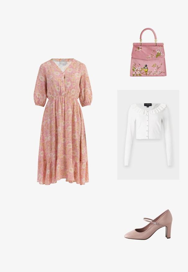 Hvid cropped cardigan lavet af blødt stof, med lange ærmer, en flæset halsudskæring og en række dekorative knapper.; Blomsteret midi-kjole i rosa og gule nuancer, med V-hals, knaplukning, elastisk talje og 3/4 ærmer med svungen kant.; Lyserød læderhøjhælet sko med rundet tå, ankelrem og bølget kant. Har en slank blokhæle for støtte.; Lyserød ruskinds håndtaske med blomsterbroderi, der har fugle og sommerfugle. Guldfarvet hardware og rund top-håndtag. Elegant klaplukning.