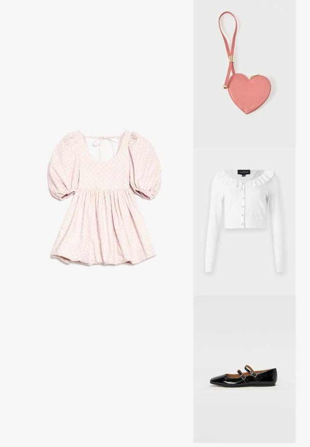 Cardigan blanc court en tissu doux, avec des manches longues, un col volanté et une rangée de boutons décoratifs.; Robe rose clair à pois avec manches courtes bouffantes, encolure nouée dans le dos, taille froncée et jupe fluide.; Ballerine plate en cuir verni noir avec un bout pointu, deux brides ajustables avec boucles, et une semelle plate. Texture lisse avec une finition brillante.; Pochette à pièces en cuir rose en forme de cœur avec sangle de poignet et fermeture éclair dorée, marquée d’un petit texte doré "Furla".