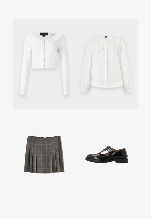 Witte cropped cardigan van zachte stof, met lange mouwen, een geraffineerde halslijn en een rij decoratieve knopen.; Witte blouse met lange mouwen, grote geborduurde ooglet kanten kraag en gerimpelde randen, met verborgen knopen aan de voorkant en omslagmouwen.; Grijze geplooide minirok met een zwart-wit geruit patroon, getoond op een witte achtergrond.; Zwarte leren Mary Jane-schoen met een T-strap, zilveren sluiting, ronde neus en een lage zool. Gladde textuur met een gepolijste afwerking.