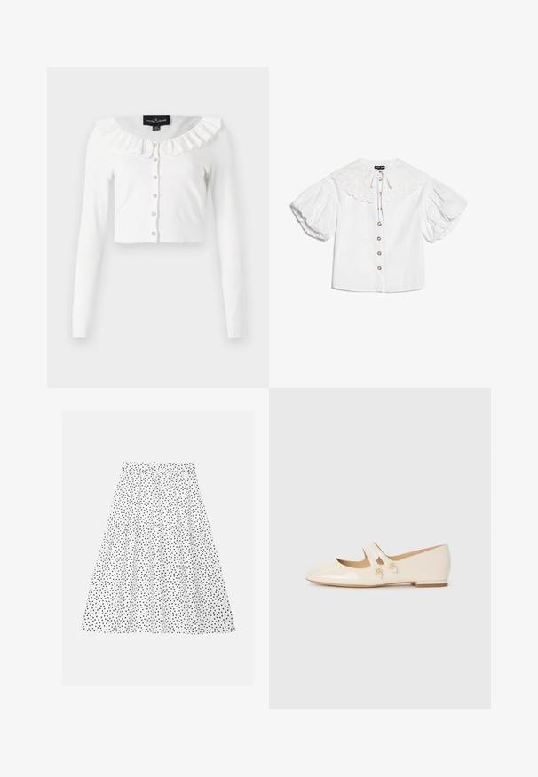 Witte cropped cardigan van zachte stof, met lange mouwen, een geraffineerde halslijn en een rij decoratieve knopen.; Witte blouse met grote geschulpte kraag, goudkleurige knopen aan de voorkant en volumineuze korte pofmouwen.; Witte rok met een geplooide taille en zwarte stippen, met een gelaagd ontwerp dat volume en textuur toevoegt.; Ivory patenten leren ballet flats met twee decoratieve banden en gouden knopen, met een ronde neus en een lage blokhak.
