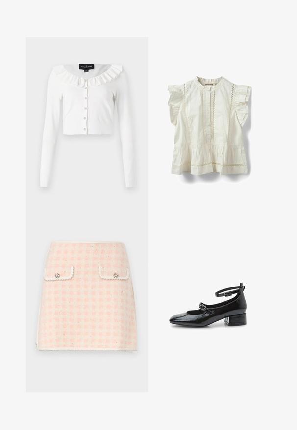 Hvid cropped cardigan lavet af blødt stof, med lange ærmer, en flæset halsudskæring og en række dekorative knapper.; Hvid ærmeløs bluse med rynkede skuldre, lodrette blondeindsatse og en smock-sømme i peplum-kanten.; Uld mini nederdel i lyserød og crème ternet mønster, med to forlommer med dekorative knapper og en frynset kant.; Sort patenteret læder Mary Jane-sko med rund tå, ankelrem og lav blokhæl. Har en blank overflade og en enkel spænde detalje.