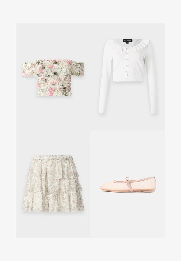 Cardigan blanc court en tissu doux, avec des manches longues, un col volanté et une rangée de boutons décoratifs.; Haut floral décolleté en blanc avec des motifs froncés roses et verts. Fabriqué en tissu légèrement élastique pour un look ajusté.; Jupe blanche avec un design en couches et volants. Présente un motif floral délicat en rose et vert. Taille élastique pour plus de confort.; Chaussure plate beige clair avec un bout pointu et une bride latérale avec boucle, présentée sur un fond blanc uni.
