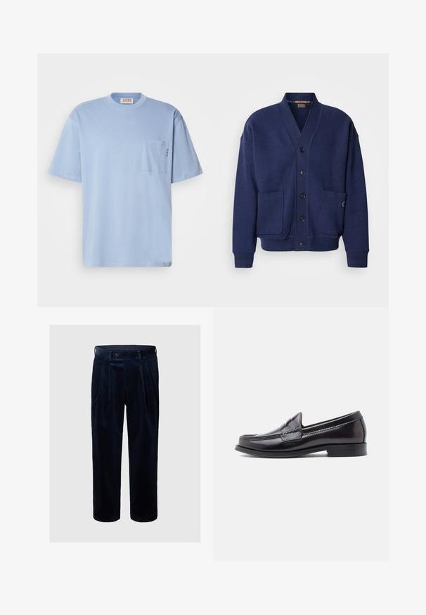 Scotch & Soda LOOSE FIT BUTTON DOWN - Kardigan - peacoat; Hele helesinine T-särk on valmistatud puuvillast. Omab ümarat kaela, lühikesi varrukaid ja rinnaümbrist kaunistava tikandiga. Sile tekstuur.; Tumesinine voodri püksid, millel on voldid, nööbiga sulgemine ja kitsenev jalgade disain. Omab vertikaalset tekstuuri ja küljetaskud.; Tumepruunid nahast mokassiinid, sileda viimistlusega, madala kontsaga ja ninaosale dekoratiivse õmblusega. Klassikalise disainiga, ümarate joontega.