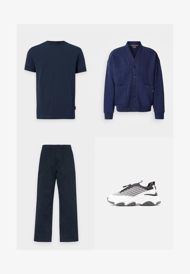 Scotch & Soda LOOSE FIT BUTTON DOWN - Neuletakki - peacoat; Laivansinisestä puuvillasta valmistettu t-paita, jossa on lyhyet hihat, pyöreä kaula-aukko ja pieni punainen etiketti alareunassa vasemmalla. Pehmeä kangas, yksinkertainen muotoilu.; Tummansininen puuvillabussi suoran lahkeiden muotoilulla, jossa on edessä nappikiinnitys ja vyölenkit. Yksinkertainen, tasainen rakenne ilman kuvioita.; Valkoinen ja musta lenkkari, jossa on geometrinen verkkokuvio, paksu aaltoileva pohja ja joustava nyörin kiristysnauha, esitetty sivuprofiilissa yksivärisellä taustalla.