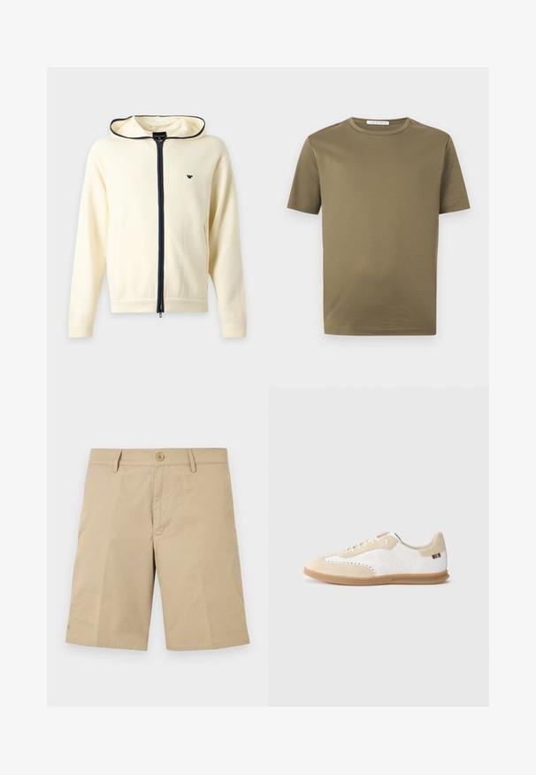 Sweat à capuche crème zippé avec fermeture éclair bleu marine et bordure, manches longues, capuche et petit logo sur la poitrine à gauche.; T-shirt vert olive à manches courtes et col rond, de design uni, présenté sur un fond blanc.; Shorts beiges mi-cuisse avec passants de ceinture, bouton à l'avant et fermeture éclair, présentés à plat sur un fond blanc.; Baskets blanches avec accents en daim beige clair, détails perforés, lacets plats et semelle en caoutchouc naturel. Présentent un logo rayé sur le talon.