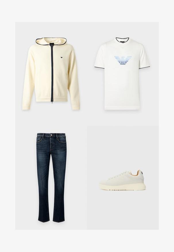 Cremefarbener Kapuzenpullover mit dunkelblauem Reißverschluss und Besatz, langen Ärmeln, Kapuze und kleinem Logo auf der linken Brustseite.; Weißes T-Shirt mit kurzen Ärmeln und einem blauen, verlaufenden Adlerlogo. Schwarze Akzente am Kragen und an den Ärmeln. Weiches, Baumwollmaterial. Schlichtes Design.; Dunkelblaue Jeans aus Denim mit geradem Bein, fünf Taschenstil, sichtbaren Nähten sowie einem Knopf- und Reißverschluss.; Weiße Sneaker mit Obermaterial aus glattem Leder, dicke cremefarbene Gummisohle und subtilem Nähen. Minimalistisches Design mit abgerundeter Zehenpartie und Schnürsystem.