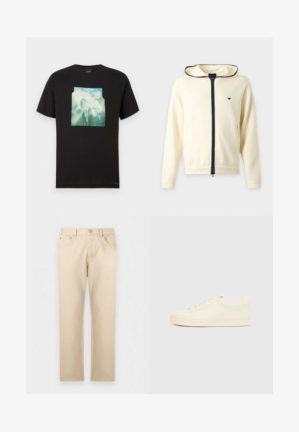 Sweat à capuche crème zippé avec fermeture éclair bleu marine et bordure, manches longues, capuche et petit logo sur la poitrine à gauche.; T-shirt en coton noir avec un motif graphique représentant un paysage bleu et vert, incluant des arbres et des nuages, centré sur le devant.; Jean beige à jambes droites avec bouton et fermeture éclair à l'avant, poches avant et arrière, étalé à plat sur un fond clair.; Baskets couleur crème avec une tige en cuir lisse, bout arrondi, laçage à l'avant et semelle en caoutchouc texturée. Design minimaliste, sans logo.