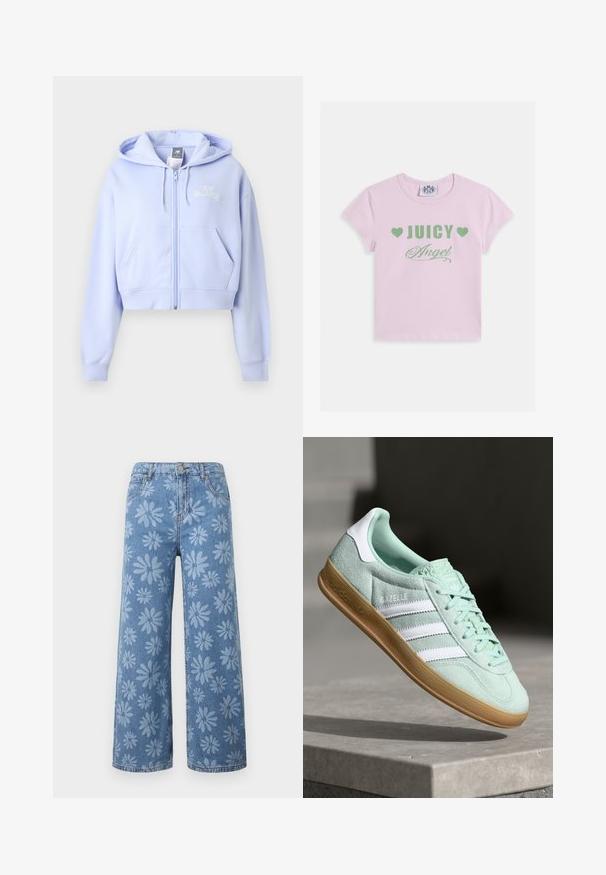 Lichtpaarse cropped hoodie met ritssluiting aan de voorkant, kangoeroezakken, trekkoorden aan de capuchon en een klein "New Balance"-logo op de linkerborst.; Roze katoenen T-shirt met korte mouwen, bedrukt met groene tekst waarop "JUICY" en "Angel" staat, met hartaccenten en een ronde halslijn.; Blauwe wijde denim jeans met lichtblauw madeliefjes bloemenpatroon, voorzakken, riemlussen en knoopsluiting.; Adidas Gazelle sneaker in muntgroen suede met witte accenten, vetersluiting en een gumrubberen zool. Voorzien van drie witte strepen.