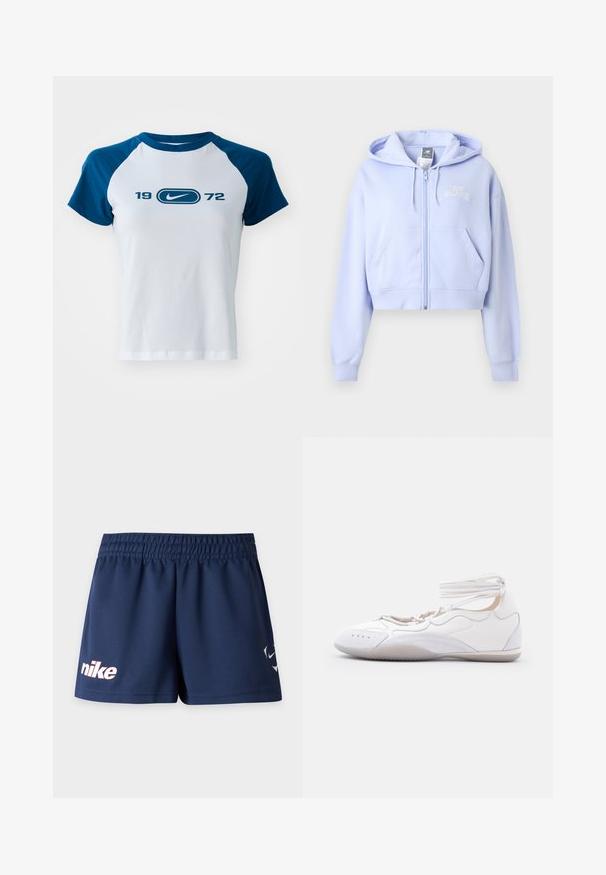 Lys lilla cropped hættetrøje med frontlynlås, kængurulommer, snore ved hætten og lille "New Balance"-logo på venstre bryst.; Hvid bomuld t-shirt med blå raglanærmer, med et centralt logo og "1972" trykt nedenunder i blå. Korte ærmer og rund halsudskæring.; Marineblå Nike træningsshorts med elastisk taljebånd og hvid Nike-logo på venstre ben mod en hvid baggrund.; Hvid flad sko med ankelstropper, rundet tå og syningsdetaljer, designet til afslappet eller let atletisk brug.