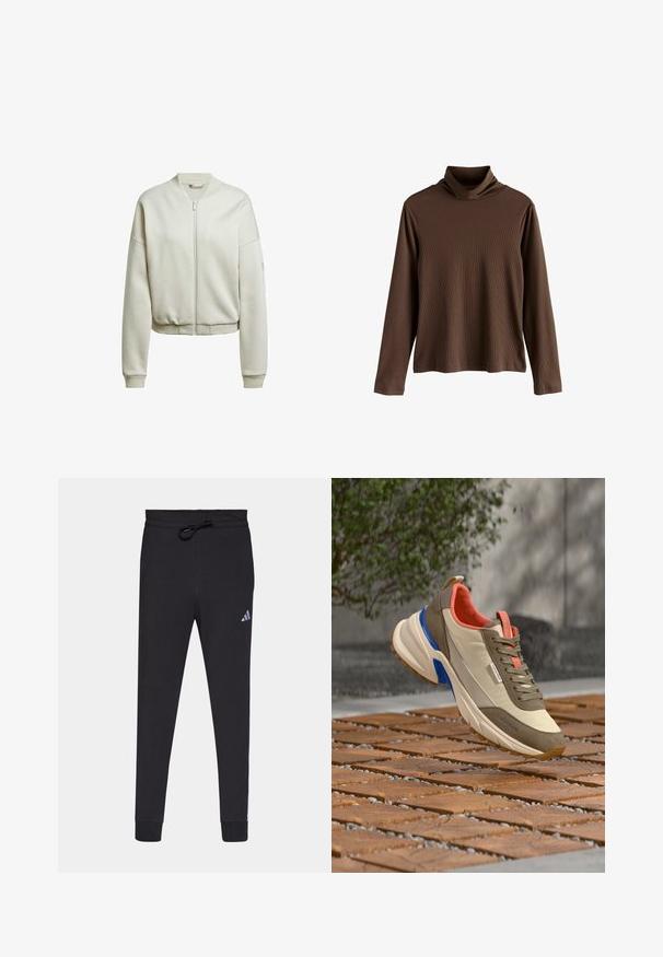 Lys beige bomberjakke med lynlås foran, ribbede cuff og talje. Fremstillet af blødt stof med en glat tekstur og afslappet pasform.; Brun langærmet turtleneck-top lavet af ribbet stof; har en høj, foldet krave og en afslappet pasform med lige kant.; Sorte atletiske bukser lavet af blødt stof, med elastisk talje, tætsiddende ben og et lille hvidt Adidas-logo på venstre lår.; Beige og taupe sneakers med koralfarvet foring og blå accenter, svævende over brune firkantede fliser med små sten i udendørs miljø.