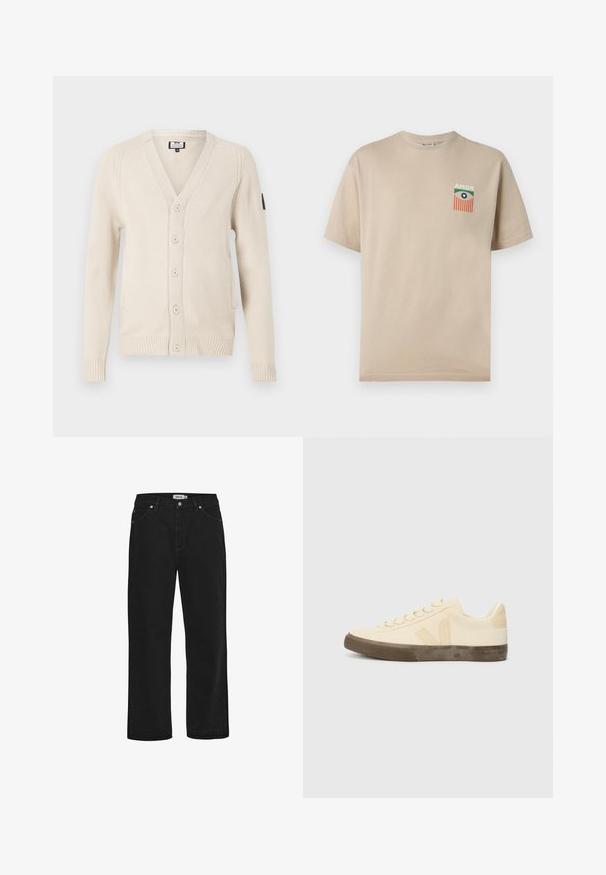 Cárdigan beige con escote en V, puños y dobladillo acanalados. Presenta seis botones frontales y un bolsillo lateral. Fabricado en tejido de punto.; Camiseta beige de manga corta con un pequeño gráfico multicolor en el pecho que muestra un ojo, rayas naranjas y la palabra "AMOR".; Vaqueros de mezclilla negra con corte recto, diseño de cinco bolsillos, detalles en hardware de cobre y una cinta de cintura resistente. Textura suave, estilo sin adornos.; Zapatilla de lona beige con puntera redonda, cordones planos y suela de goma marrón texturizada. Presenta un logo en el lateral y un diseño minimalista.