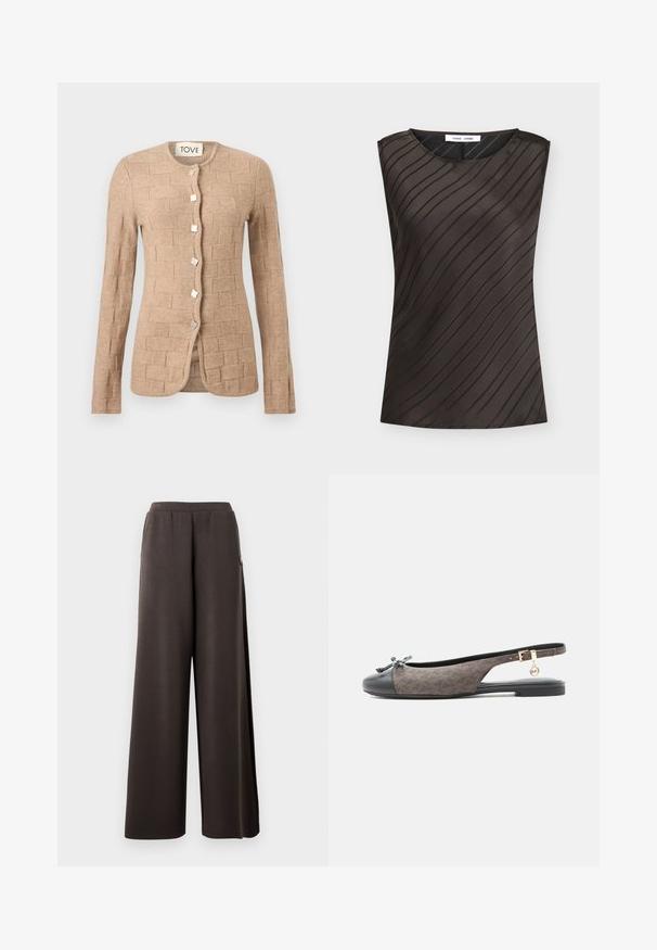 Cardigan beige manches longues en tricot avec un motif en brique texturé, encolure ronde, et cinq boutons carrés métalliques sur le devant.; Haut sans manches marron foncé avec des rayures noires diagonales, col rond et étiquette de la marque à l'intérieur du col.; Pantalons large marron foncé avec une taille élastique et des poches latérales, présentés sur un fond blanc.; Chaussure plate à bride arrière marron et noire avec un nœud sur le bout et un charm logo MK doré sur la boucle de la sangle de cheville.