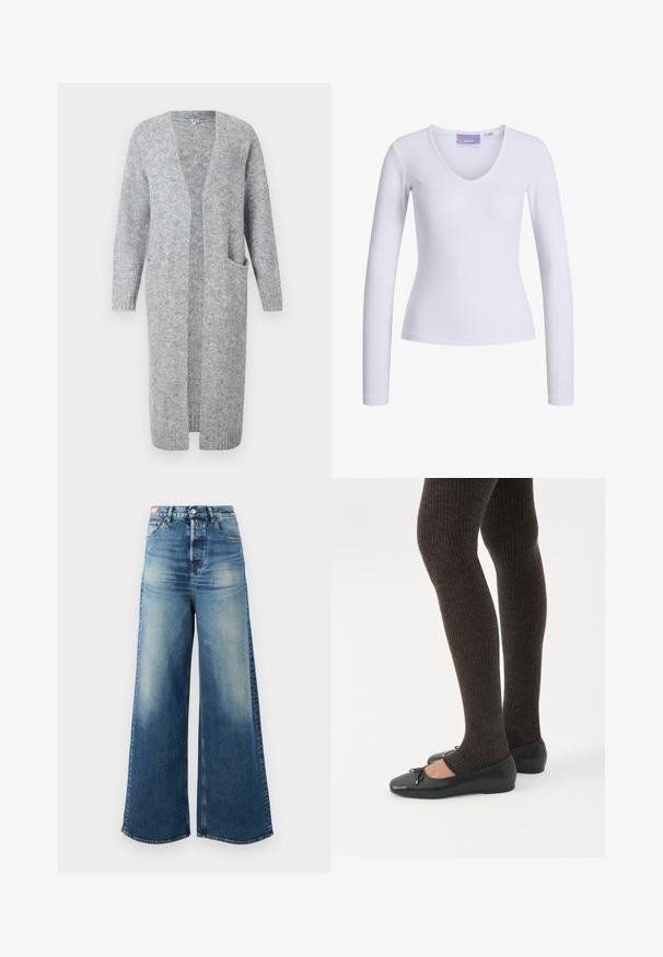 Object Knitted Long - Vest - medium grey melange; Witte lange mouwen top met een geribbelde textuur en een V-hals ontwerp. Label zichtbaar aan de binnenkant van de hals met de merknaam "JJXX."; Wijde blauwe denim jeans met een vervaagde afwerking, hoge taille en klassiek vijf-pocket ontwerp. Voorzien van koperen hardware en rafelige zomen.; Benen met donkere geribbelde leggings gecombineerd met zwarte ballerina's met kleine strikdetails op een witte achtergrond.